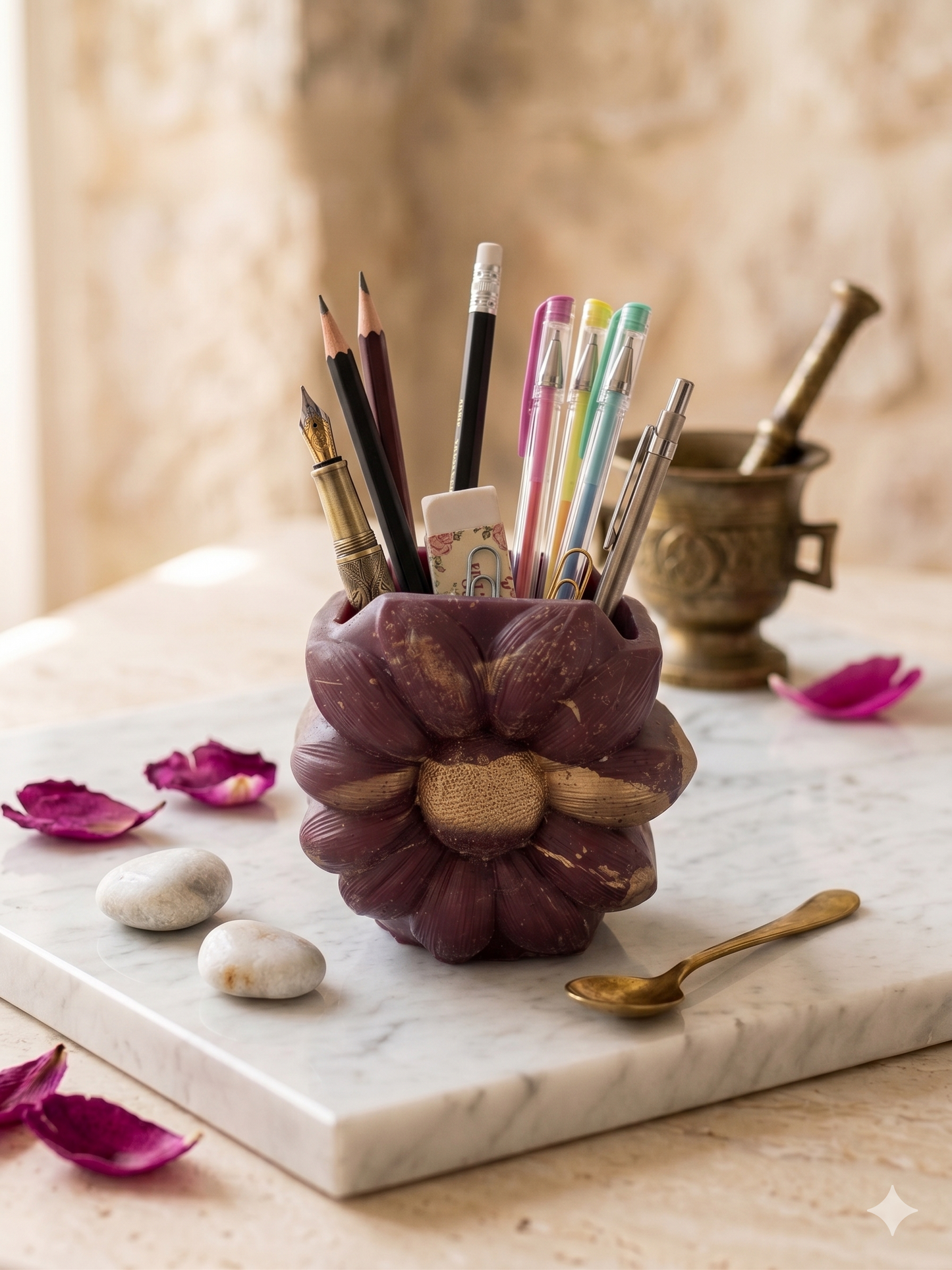 Pot Floral Artisanal en Résine – Bordeaux & Or