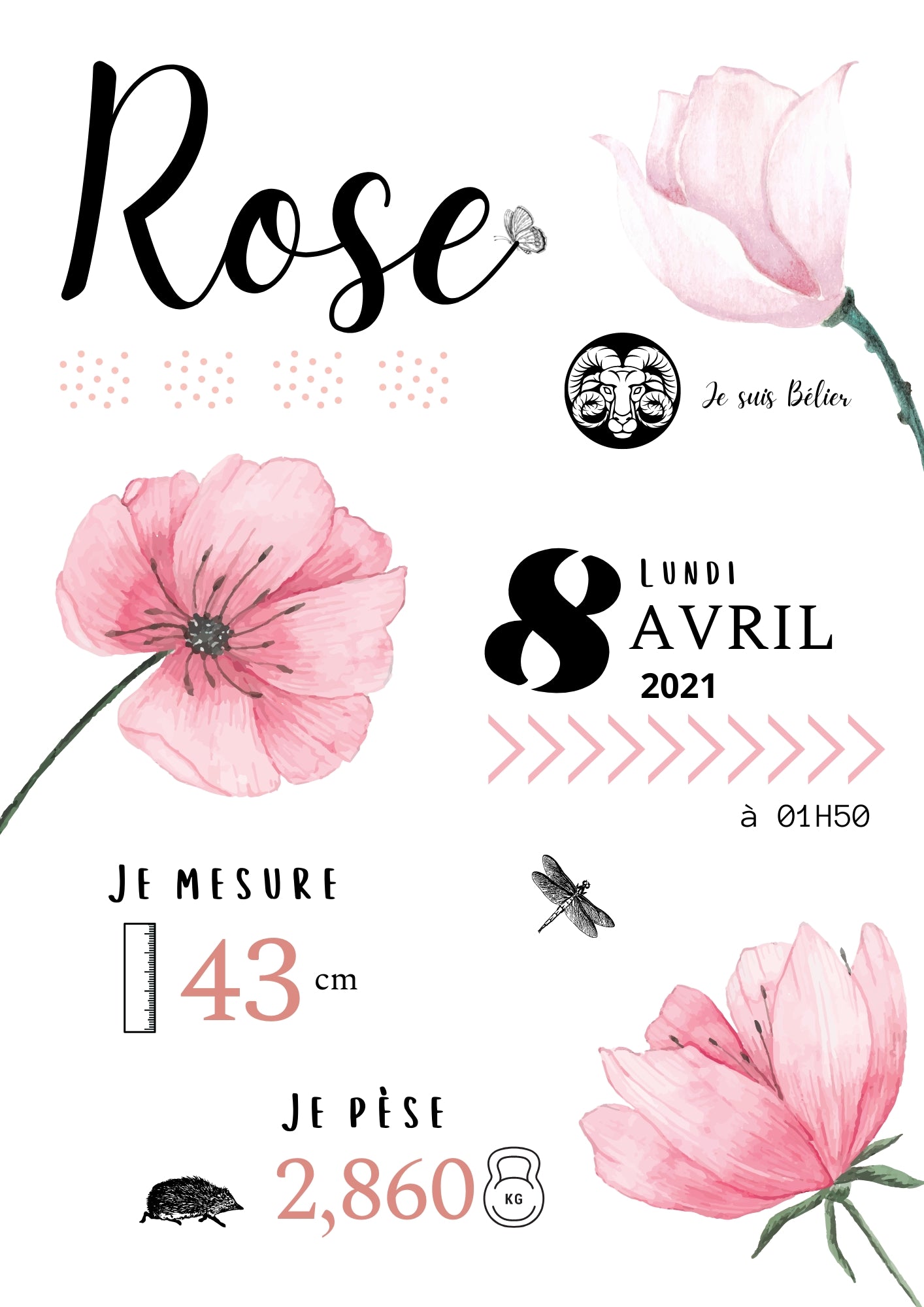 Affiche de naissance Rose